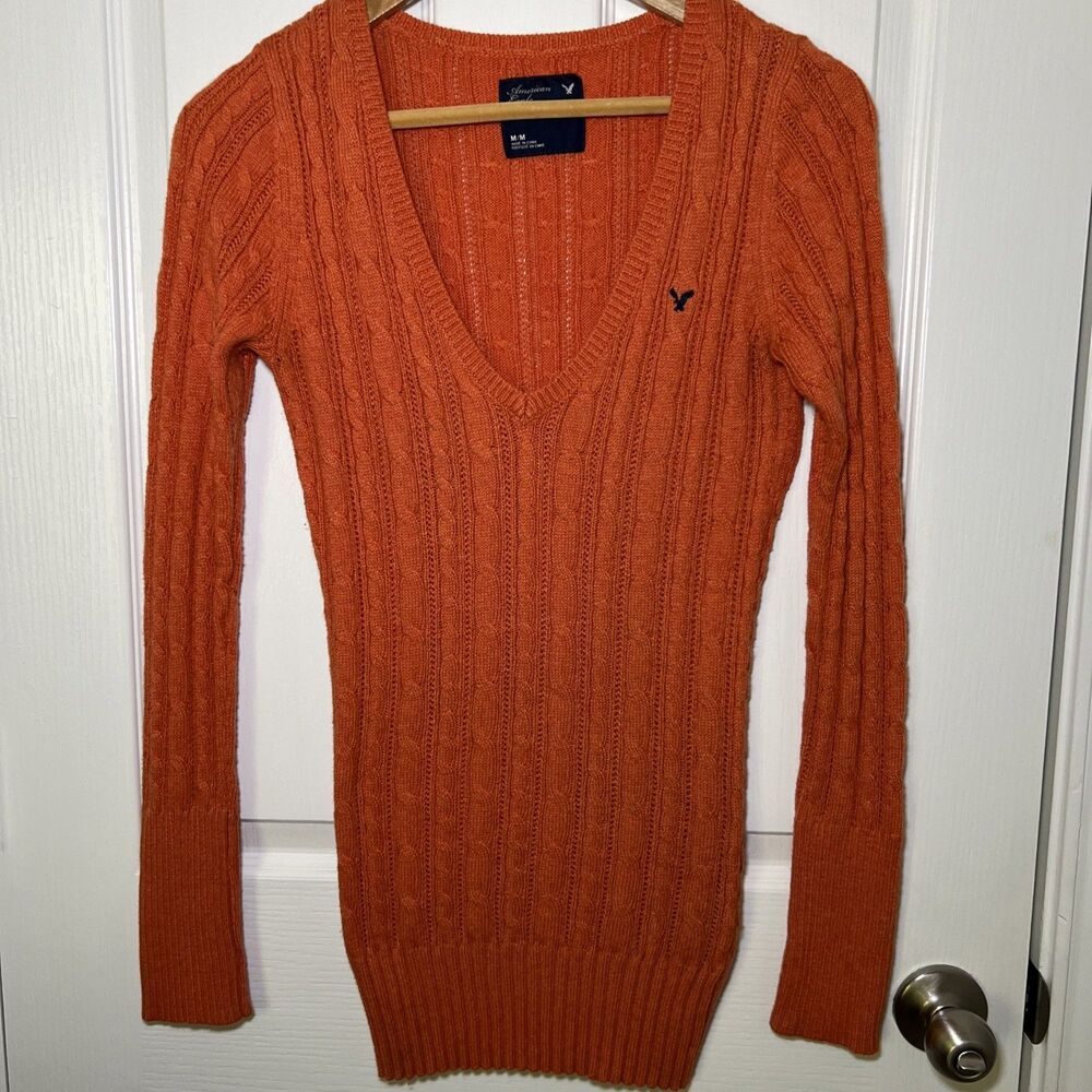 American Eagle Slim Fit Cable Knit Sweater Deep V Women's Medium Y2K Preppy Long